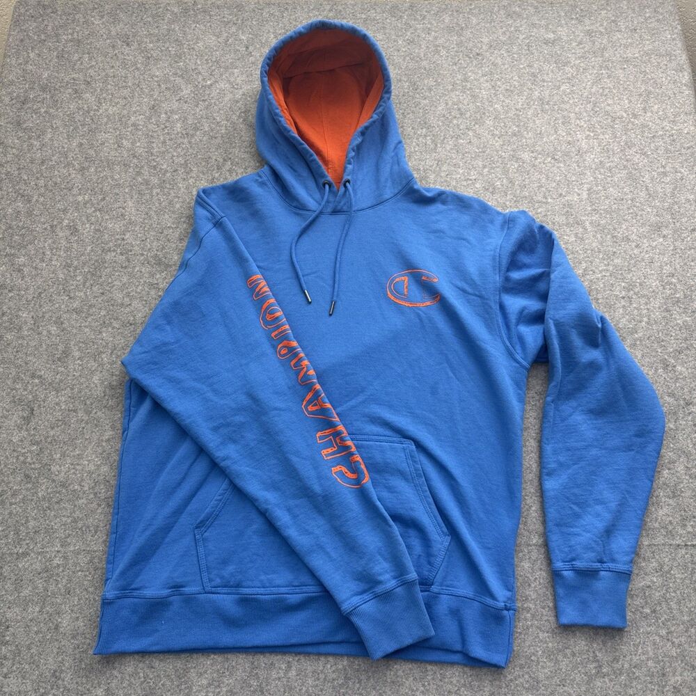 Champion Men's Blue Pullover Hoodie Size XL Graphic Print Logo Orange Highlights